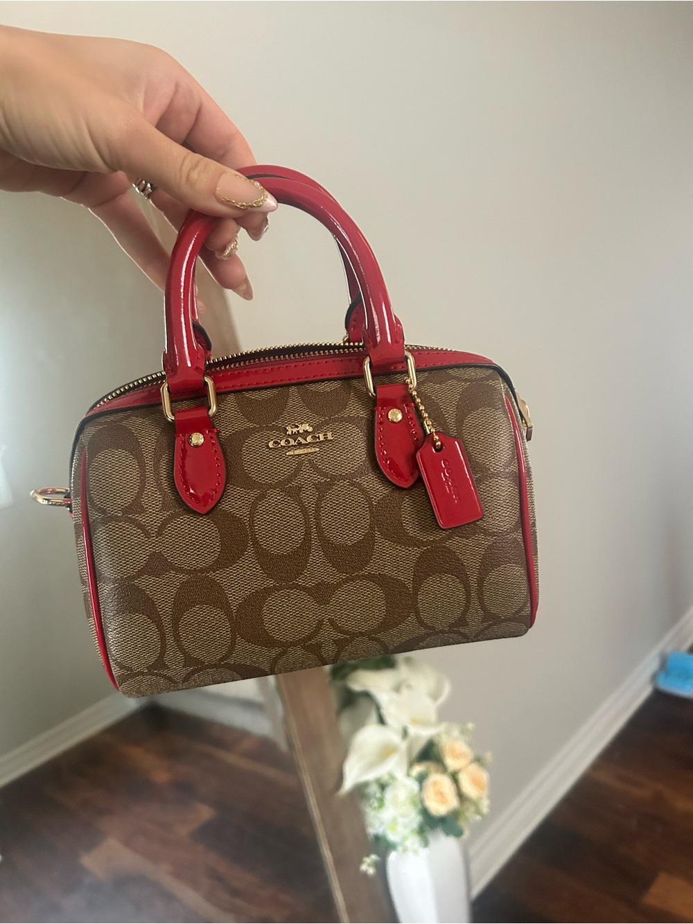 Coach Mini Satchel in Brown Signature Canvas with Red Trim